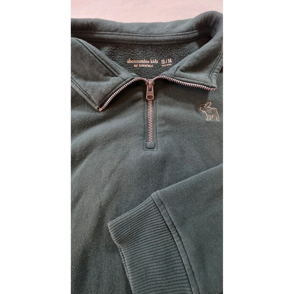 Abercrombie Kids 13/14 Quarter Zip Sweatshirt Green Moose Logo Pockets Fleece